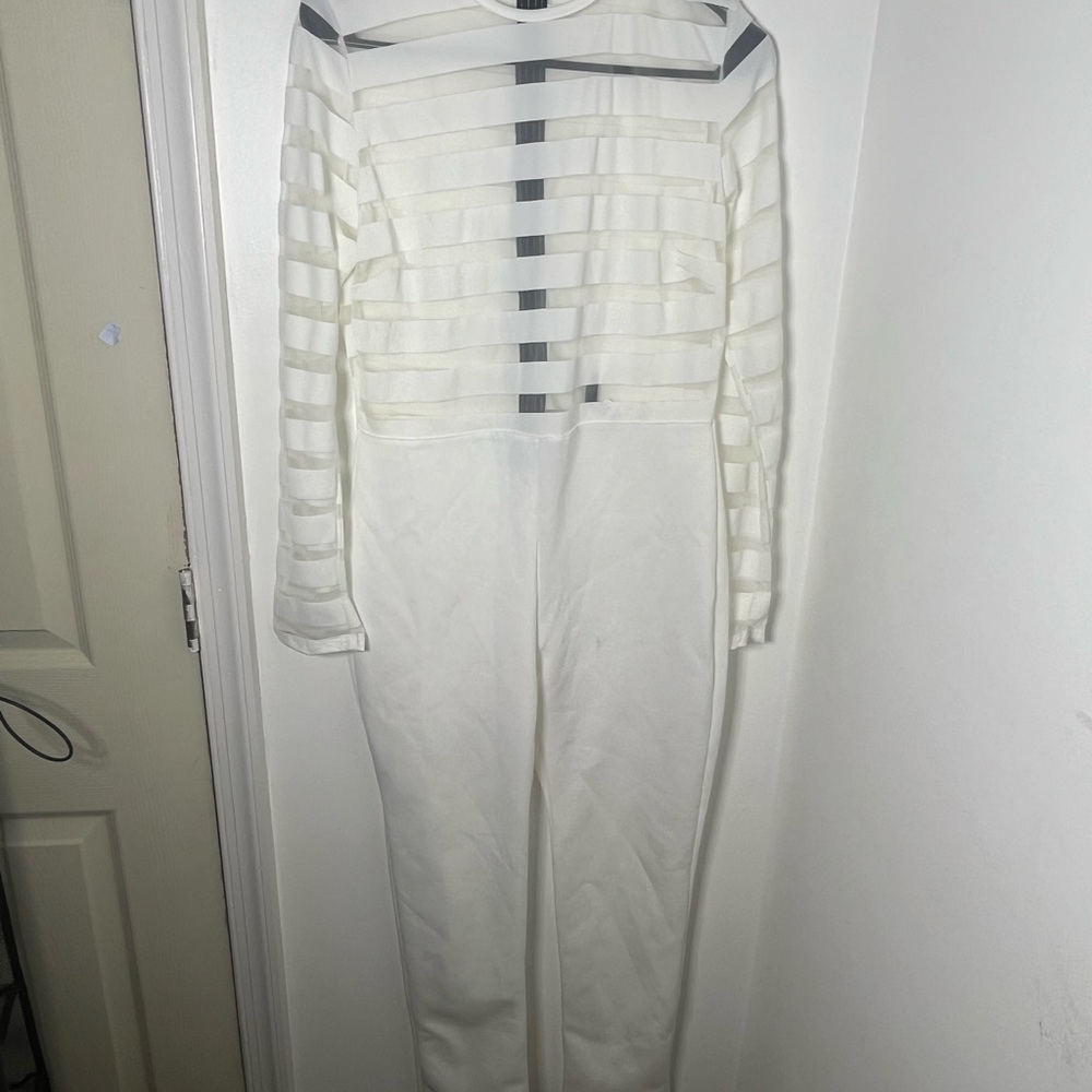 GoJane White Sheer Stripe Long Sleeve Jumpsuit Size XL